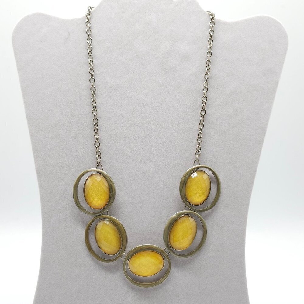 NY & Co Modern Citrus Yellow Statement Necklace With Metallic Oval Pendants